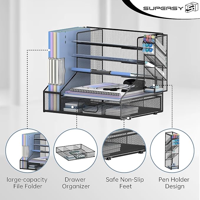 SUPEASY Desk Organizer with File Holder, 5-Tier Mesh Paper Letter Tray and 3 Tilted File Sorter for Office Supplies, Black