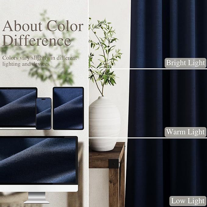 Nanspring Navy Blue 100% Blackout Kitchen Curtains Back Tab Rod Pocket Thermal Insulated Textured Short Blackout Curtains 2 Panels Set 52x54