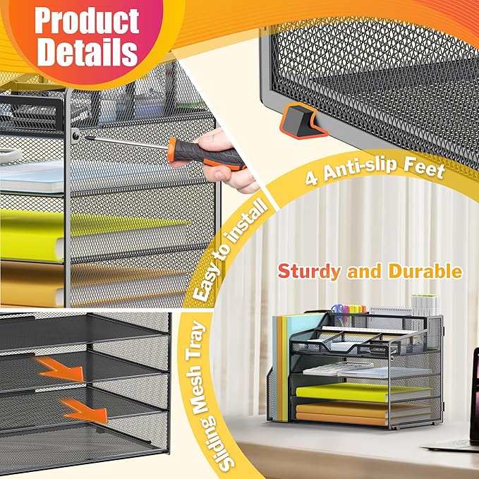 Docnest 4 Tier Mesh Desk Organizer with File Holder – Multi-Functional Paper Letter Tray with 5 Adjustable Compartments, 3 Pen Holders, Desktop Storage for Files, Mail, Stationery – Black