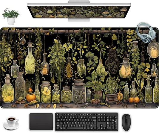 Desk Mat Green Plants Mouse Pad Gaming Mat Dark Keyboard Mat, Long Mouse Mat XXL Extended Desktop Mat Magical Bottles Computer Mats with Stitched Edges, Office Desk Accessory 31.5" x 15.7"