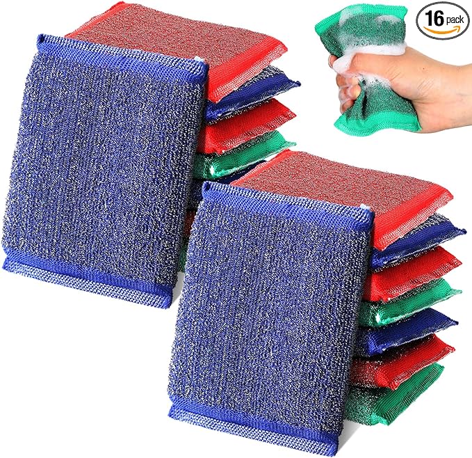 Roshtia 16 Pack Steel Dish Sponge Scrub Sponge for Kitchen Multipurpose Dish Scrubber Household Cleaning Non Scratch Foam Rubber for Cleaning Dishes, Pans, Pots and Hard Stains, Color Random