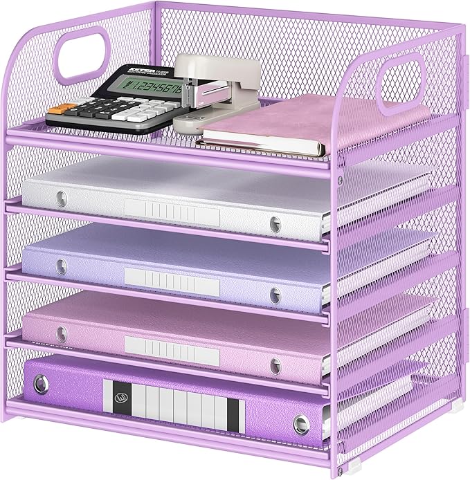 Lavatino Desk Letter Tray Paper Organizer, 5-Tier with Handle Metal Mesh Desktop File Organizer Paper Holder for Classroom Office Desk Accessories- Purple