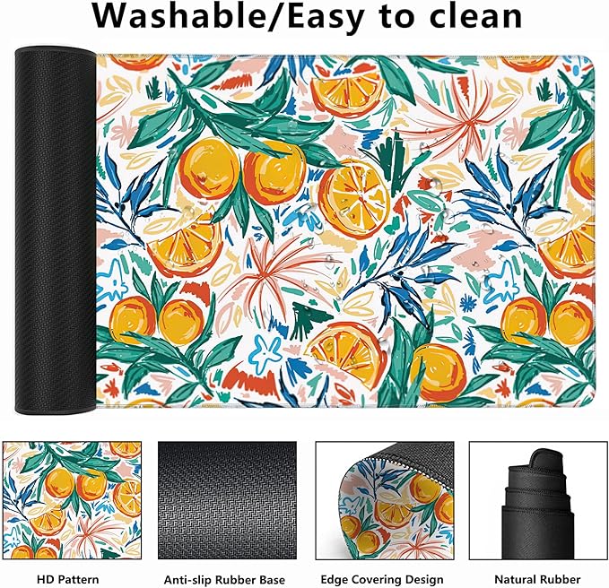 MIOAOSRT Desk Mat,Colorful of Summer Fruits Orange and Leaves Gaming Mouse Pad,XXL Extended Mouse Pad Mat for Office,Computer,Keyboard with Non-Slip Base Stitched Eges Mousepad 35.4x15.75 inch