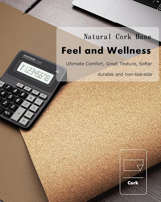 YSAGi Double-Sided Desk Pad, 35.4"x17"Leather Desk Mat, Eco Cork Desk Pad Protector,Large Mouse Pad,Waterproof Desk Blotter for Office/Home(Khaki)
