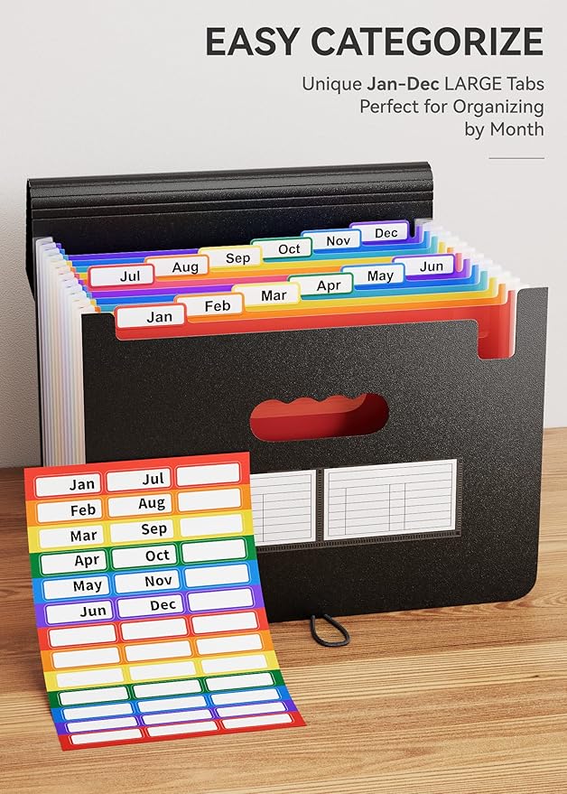 ABC life 12 Pockets Accordion File Organizer Expanding File Folders, Portable Letter A4 Size Filing Box, Plastic Monthly Bill Receipt Document Organizer, Expandable Accordian Folder with Colored Tabs