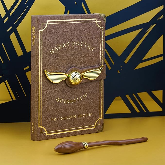 Harry Potter A5 Notebook Set with Broomstick Pen for Kids, Teens, Faux Leather Cover, Golden Snitch Detail, Stationery Supplies, Gifts for Kids (Brown Wand Pen)