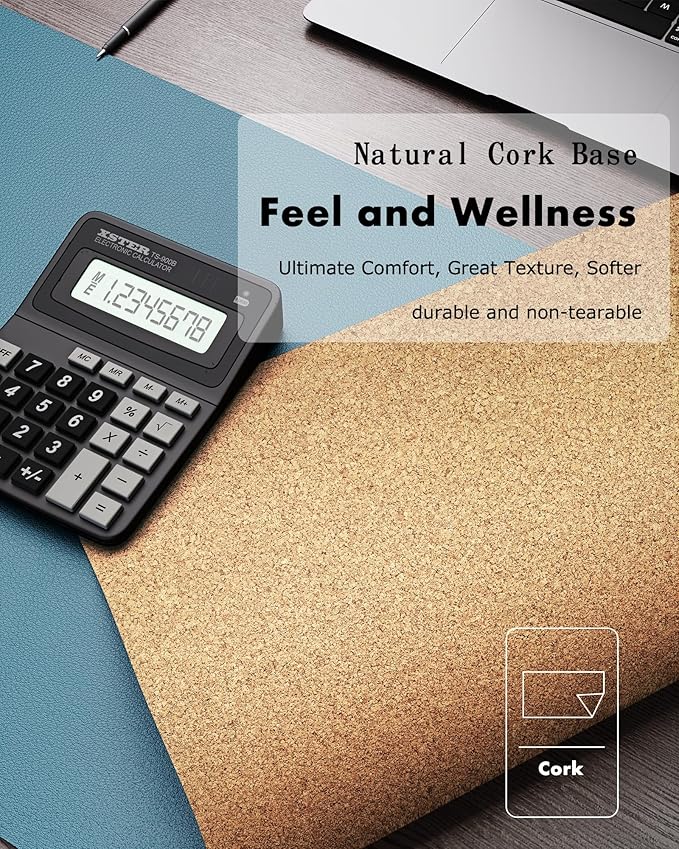 YSAGi Double-Sided Desk Pad, 35.4"x17"Leather Desk Mat, Eco Cork Desk Pad Protector,Large Mouse Pad,Waterproof Desk Blotter for Office/Home(Sea Blue)