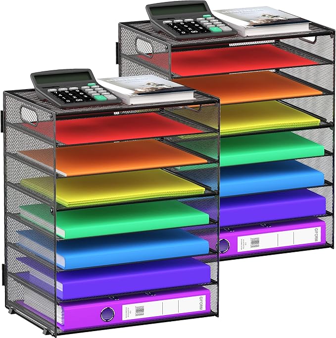 2 Pack 8 Tier Paper Letter Tray Organizer with Handles, Mesh Desk File Holder Storage Organization for Home School Classroom & Office
