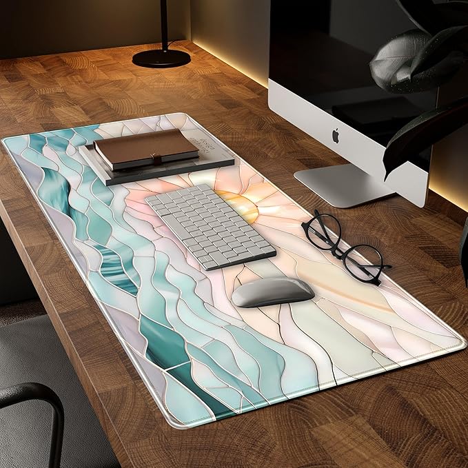 Desk Mat Gaming Desk Pad Large Mouse and Keyboard Pad, Abstract Serene Ocean Sunrise Mouse Mat XXL, Pastel Desk Protector Mat Computer Mats for Desktop Sun & Waves Office Decor 31.5" x 15.7"