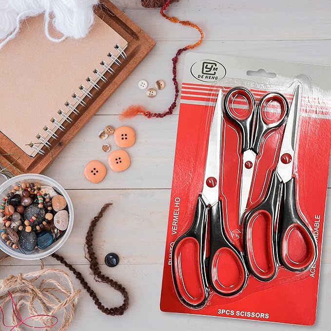 3-pack All Purpose Scissors 3 Sizes Ultra Sharp SS Blades Comfort Non-Slip Ergonomic Handle Great as Office Gifts, Home, Kitchen Shears, School, Sewing Fabrics, Crafts, And Multipurpose