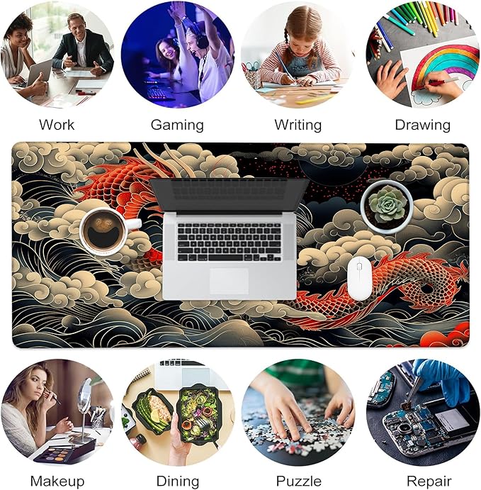Desk Pad, Japanese Wave and Red Dragon Auspicious Clouds XXL Gaming Mouse Pad with Stitched Edges,Non-Slip Waterproof Rubber Base Large Desk Mat for Keyboard and Mouse 35.4"x15.7"