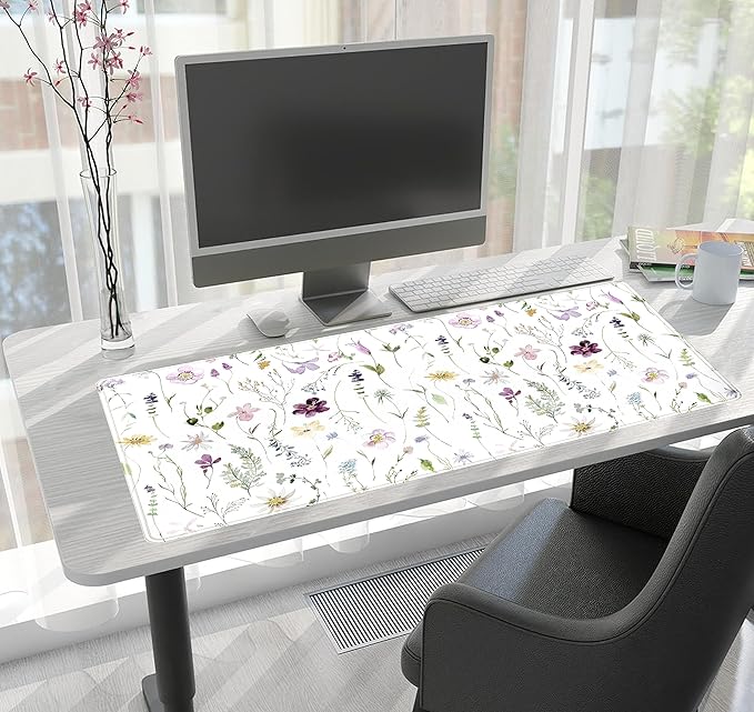 Cute Flower Mouse Pad Aesthetic Desk Mat Plants Large Extended Gaming Mousepad Floral XXL Desk Pad Keyboard and Mouse Mat 31.5''x15.75'', Desktop Decor Protectors Mats for Women Office Girl Gamer