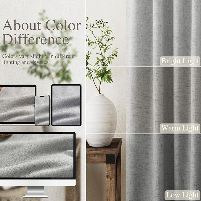 Blackout Charcoal Linen Curtains 96 Inches Long Back Tab Heat Reflective Full Light Block Out Curtain 2 Panels for Bedroom Window Textured Long Draperies with Liner Floor to Ceiling Length 52x96