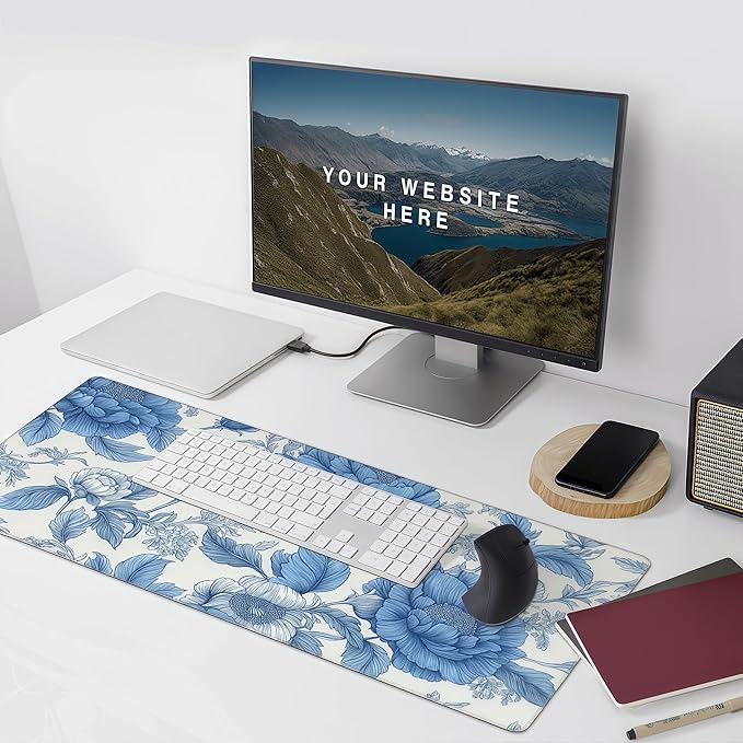 Blue Chinoiserie Mouse Pad,Blue and White Floral Desk Mat, XXL Large Floral Preppy Trendy Mouse Pad,Girly Gaming Mousepad,Girly Laptop Desk Mat for Dorm Home Office, 35.4 x 15.8 inches