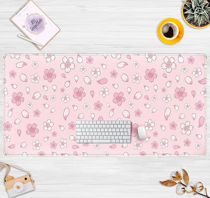 LuckyCow Pink Cherry Blossom Large Mouse Pad XXL 31.5''x15.7'', Pastel Anime Aesthetics Desk Pad Keyboard Mat Big Gaming Deskmat, Extended Mousepad Desk Accessories for Women Office Decor