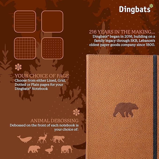 Dingbats* Wildlife Dotted Writing Journal Notebook A5 - Vegan Leather Hardcover - Ideal for Work, Travel - Pocket, Elastic Closure, & Bookmark