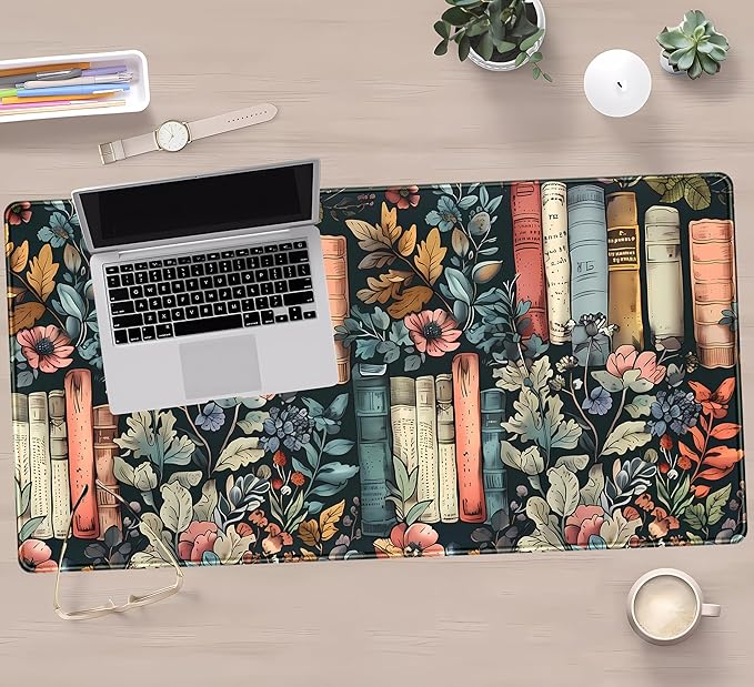 Floral Books Desk Mat Reading Desk Pad Mouse Mat XXL, Colorful Mouse Keyboard Pad Flower Bookshelf Desktop Mat, Long Computer Mats Aesthetic Desk Accessory Reader's Home Decor 31.5" x 15.7"