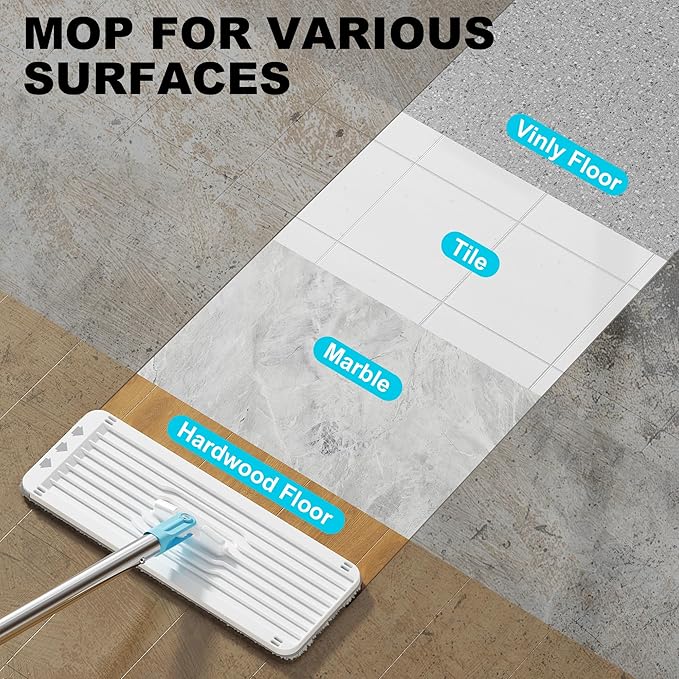 BEJOMOP Mop and Bucket Set with Wringer, Turquoise-Cyan Wall Mop Cleaner with Long Handle, Squeeze Flat Mop and Bucket System, Dry & Wet Dust Mop for Household Floor Cleaning with 2 Microfiber Mops
