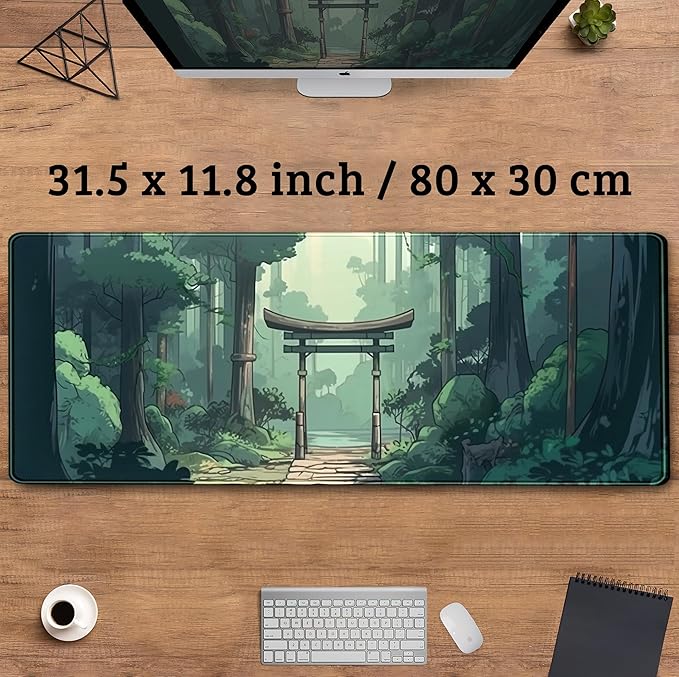 Japanese Green Forest Gaming Mouse Pad Anime Tree Woodland Desk Mat XL Large, Cute Aesthetics Women Office Desk Decor Laptop Computer Keyboard and Mouse Mat with Stitched Edges Matt 31.5''x11.8''