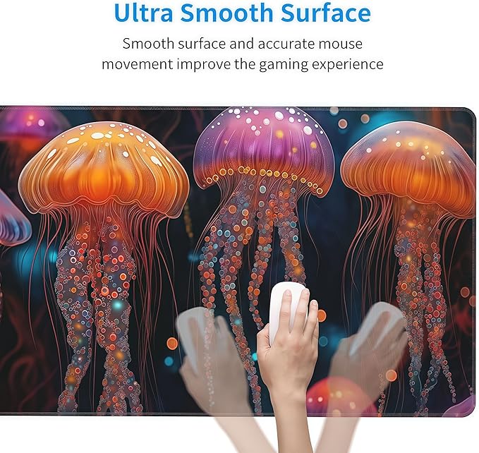 Large Fantasy Forest Jellyfish Gaming Mouse Pad - Blacklight Fairytale Waterproof Desk Mat, 35.4 X 15.8 Inch Extended Non-Slip Rubber Base for Office & Home