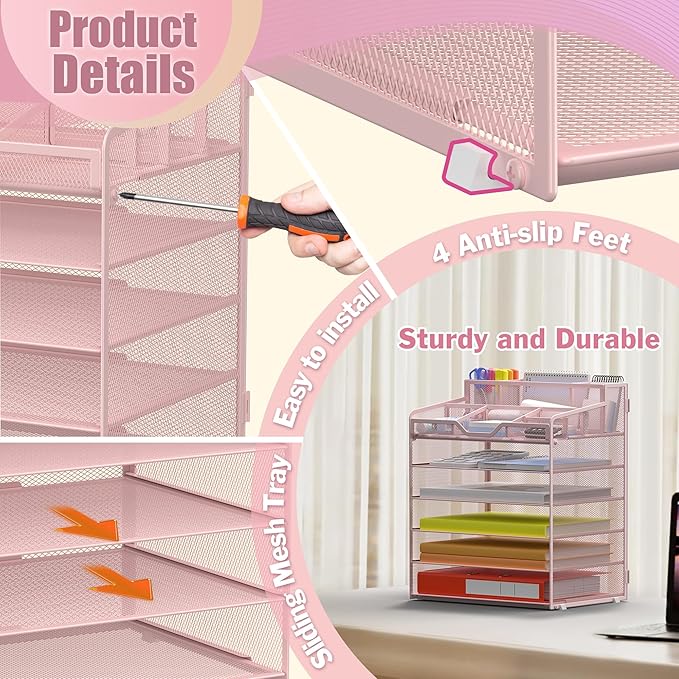 Docnest 6 Tier Mesh Desk Organizer for Paper Office Supplies – Multi-Functional Letter Tray with 5 Adjustable Compartments, 3 Pen Holders, Desktop Storage for Files, Mail, Stationery – Pink