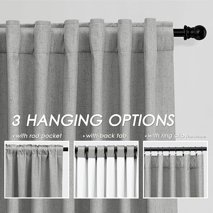 Blackout Charcoal Linen Curtains 96 Inches Long Back Tab Heat Reflective Full Light Block Out Curtain 2 Panels for Bedroom Window Textured Long Draperies with Liner Floor to Ceiling Length 52x96
