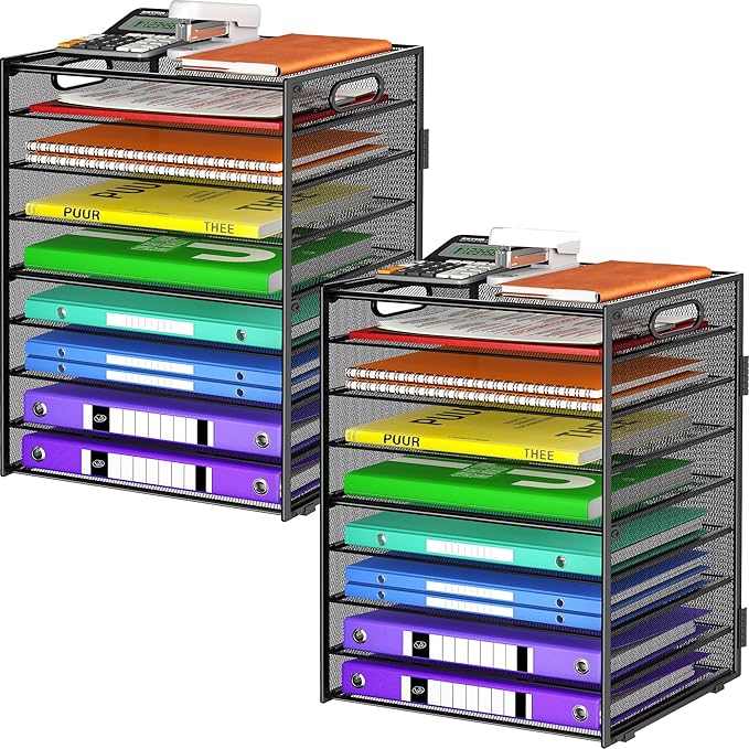 9 Tier Paper Organizer with Handle, Large Capacity Desk Organizer Mesh Paper Letter Tray File Folder Document Sorter for Classroom and Office Accessories Organization- Black (2 Pack)