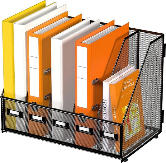 DALTACK Desk Organizers Metal Magazine File Holder with 5 Vertical Compartments Folder Storage Binder Organizer for Office Home School Organization, Black Plus