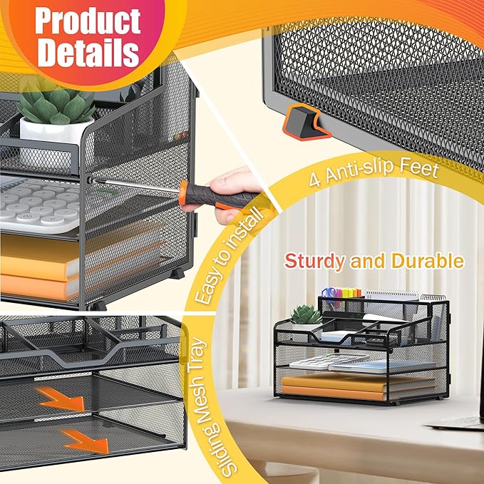 Docnest 3 Tier Mesh Desk Organizer for Paper Office Supplies – Multi-Functional Letter Tray with 5 Adjustable Compartments, 3 Pen Holders, Desktop Storage for Files, Mail, Stationery – Black