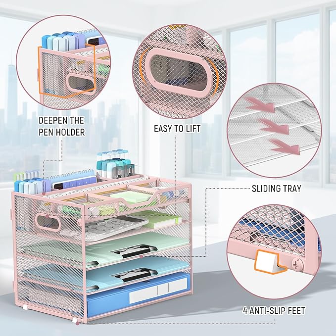Docnest 5 Tier Mesh Desk Organizer- Letter Tray with Adjustable Compartments, Mesh Desktop Storage Built in Pen Holder and Handles, Desk Organizer Tray for Mail Documents Office Supplies–Pink