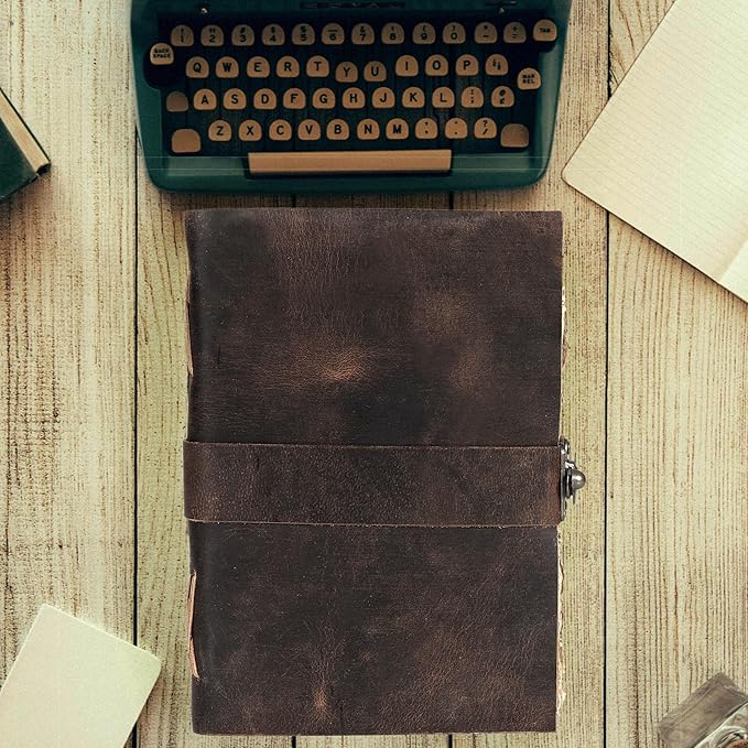 HLC Leather Journal, 200 Pages of Antique Deckle Edges Handmade Paper Vintage Journals for Men & Women, Vintage Lock Closure Rustic Brown Leather Gifts with Pen Holder (8" X 6" inches)