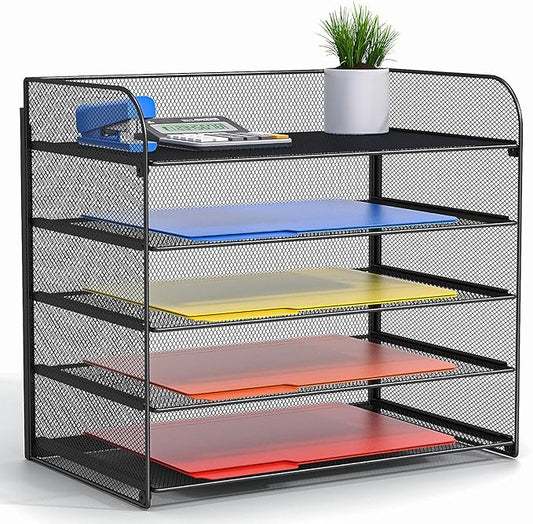 Legal/A4 5 Tier Paper Organizer,Paper Tray Holder for Desk,Letter Size File Holder/Sorter,File Folders Shelf Organizer for Office,School,Home,Solid Steel,Mesh,Sturdy,Leakproof,Large Capacity