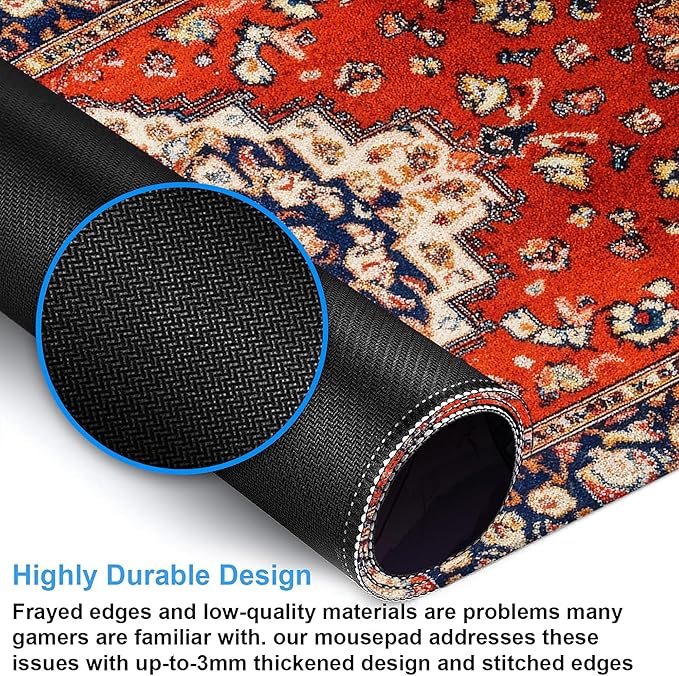 Desk Pad, Vintage Red Boho Rug XXL Gaming Mouse Pad with Stitched Edges,Non-Slip Waterproof Rubber Base Large Desk Mat for Keyboard and Mouse 35.4"x15.7"