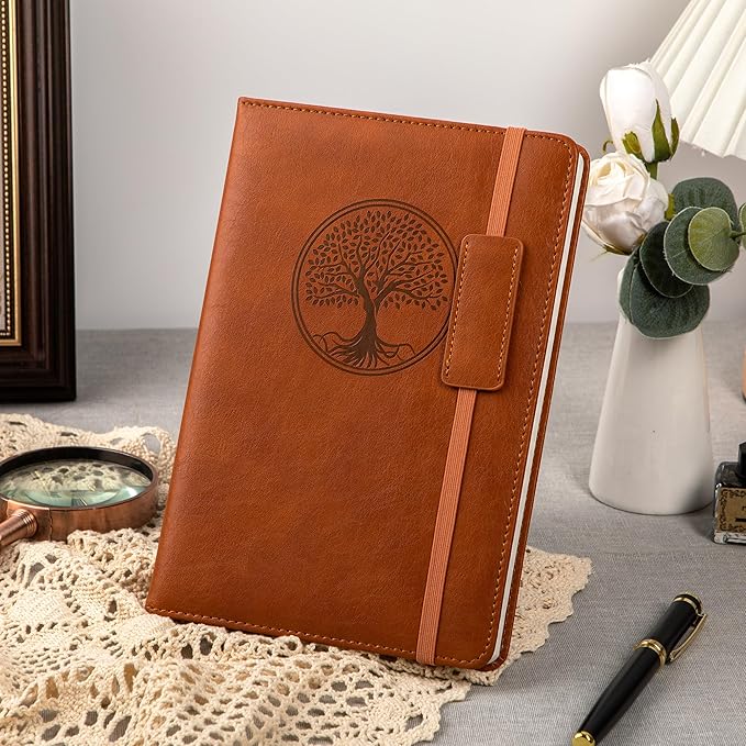 CAGIE Leather Lined Journal Notebooks for Work Tree of Life Journals for Writing, College Ruled Notebook with 256 Pages, 5.7"x8.3", Brown