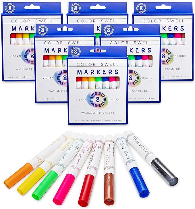 Color Swell Bulk Markers and Bulk Neon Crayons (6 Boxes of Each) - 144 Total Regular Crayons and 48 Total Broad Line Markers