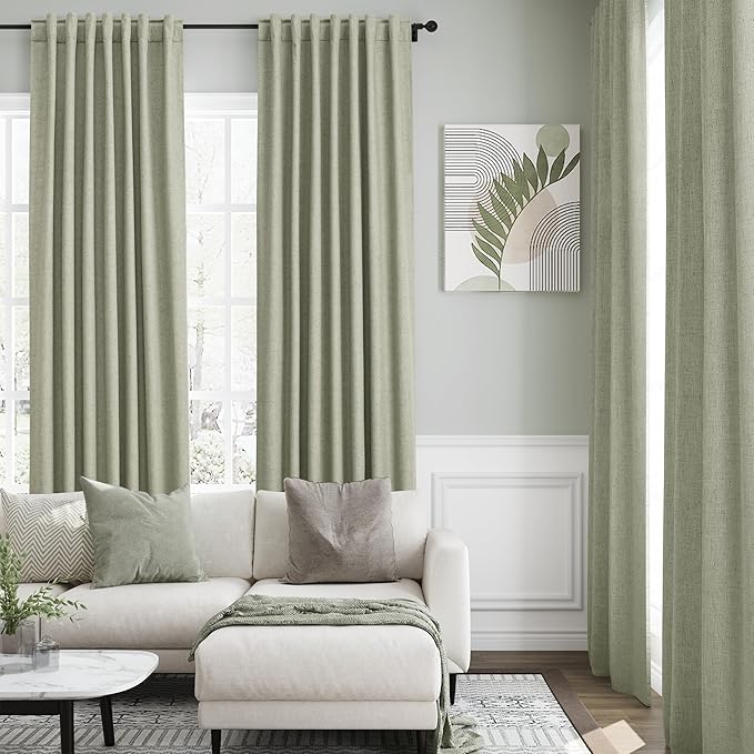 100% Blackout Linen Curtains 102 Inches Long 2 Panels Set for Bedroom Sage Green Back Tab Black Out Curtain Modern Urban Noise Cancelling Total Light Blocking Window Curtains 102 Length 52X102