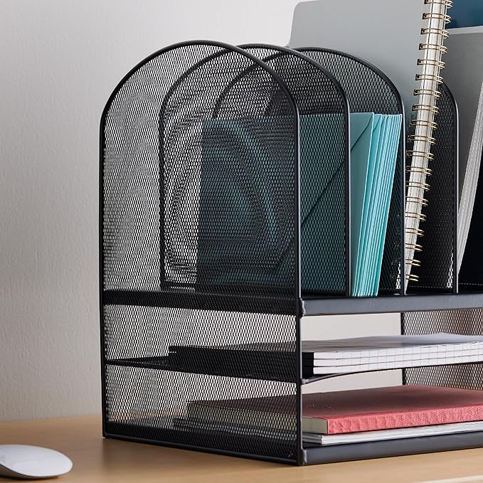 Safco Onyx Desk Organizer, 6 Vertical Compartments and 2 Trays, Office and Classroom Mailbox , Paper and Mail Sorter, Steel Mesh, Black