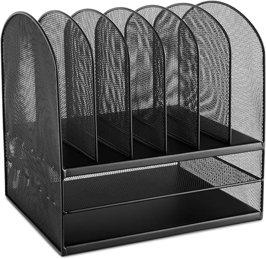 Safco Onyx Desk Organizer, 6 Vertical Compartments and 2 Trays, Office and Classroom Mailbox , Paper and Mail Sorter, Steel Mesh, Black