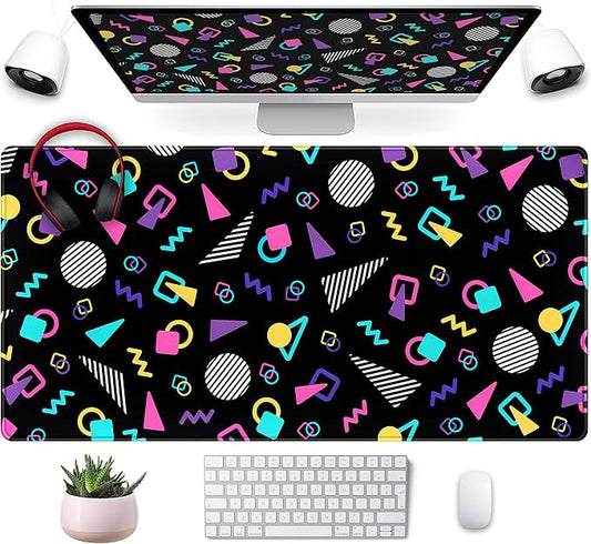 Retro 80s Desk Mat, Cute 90s XXL Large Gaming Mouse Pad, Black Boho Desk Pad with Stitched Edges, Computer Laptop Keyboard and Mouse Mat, Aesthetic Office Decor Non-Slip Mosuepad, 31.5x15.75 in