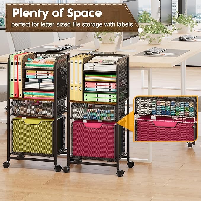 6-Tier Rolling File Cart with 2 Drawers, File Cabinet Organizer for Hanging File Folders, Letter-Size File Storage with Wheels, Multi-Layer Mobile Filing Cabinet for Office and Home