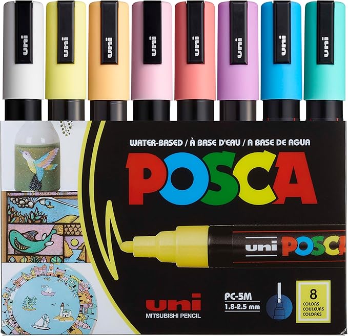 posca Markers Set, 8 Medium Paint Markers 5M – Soft Tones – White, Sunshine Yellow, Apricot, Light Pink, Coral Pink, Lavender, Light Blue, Aqua Green