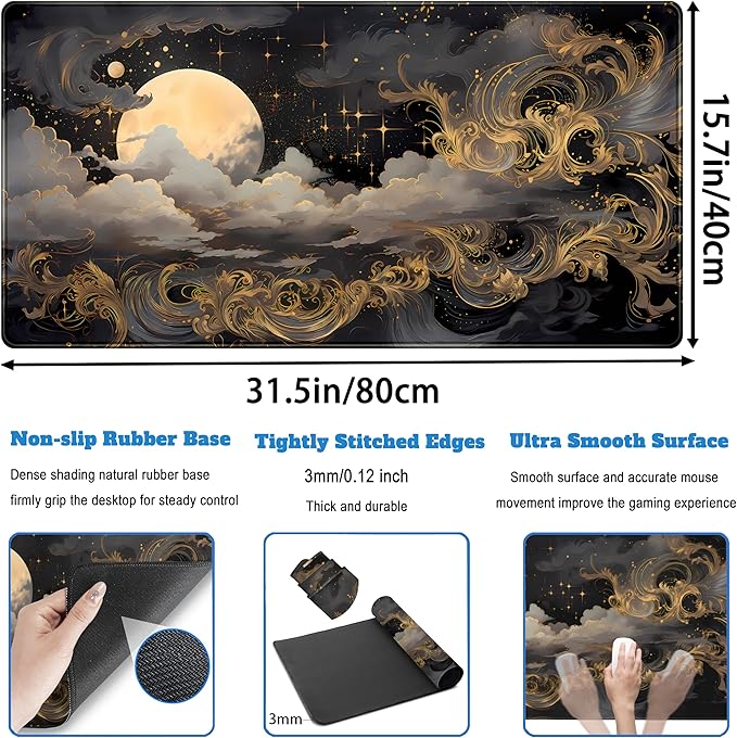 Golden Moon Desk Pad Black Desk Mat XXL Mouse Gaming Pads, Starry Sky Keyboard Pads Extra Large Desktop Computer Mats with Non-Slip Base & Stitched Edges, Vintage Office Decor 31.5" x 15.7"