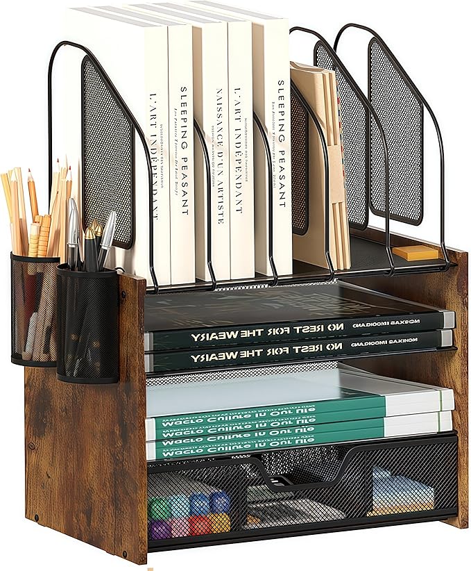 Wood Desk Organizer - 4-Tier Desktop File Organizer with Drawer, Wooden Paper Tray, Vertical File Holders & 2 Pencil Holders - Office Desk Organizer for Papers, Mail, Notebooks, Stationery