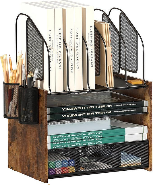 Wood Desk Organizer - 4-Tier Desktop File Organizer with Drawer, Wooden Paper Tray, Vertical File Holders & 2 Pencil Holders - Office Desk Organizer for Papers, Mail, Notebooks, Stationery
