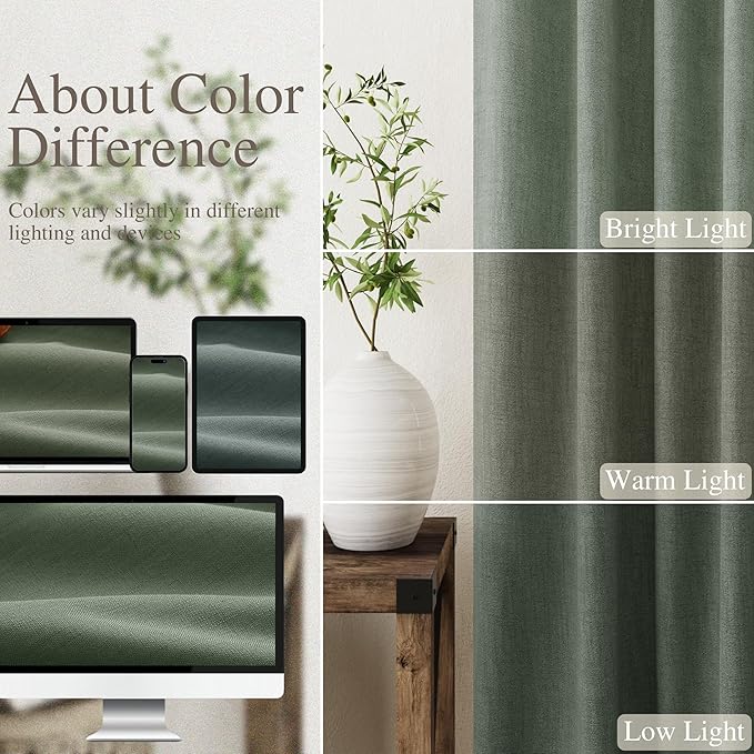 Olive Green Linen Blackout Curtains 120 Inch Length 2 Panels Set Extra Long 10 Ft Back Tab Pocket Drapes Thermal Insulated Total Blocking Curtains for Dining Room Cottage High Window Curtain 52x120