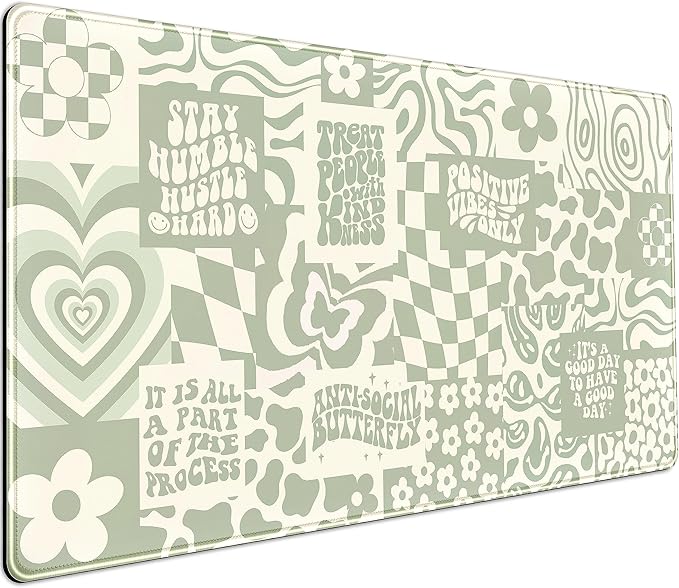 Boho Aesthetic Desk Mat Beige Retro Hippie Boho XXL Large Extended Gaming Green Sage Mouse Pad Women Gamer Girl Work Office Computer Deskmat Mousepad Laptop Keyboard Mat Desk Pad 31.5x15.75 in