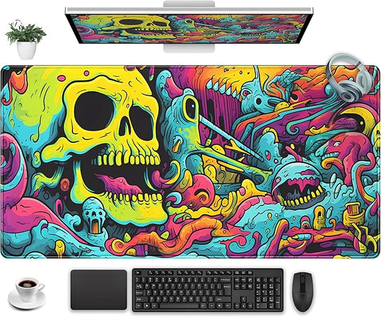 Gaming Desk Mat Skull Desk Pad Extended Mouse Pad XXL, Cool Mouse and Keyboard Mat Big Desktop Mats for Desk, Laptop Mat with Non-Slip Base & Stitched Edges, Office Decor for Men 31.5" x 15.7"