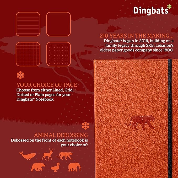 Dingbats* Wildlife Dotted Writing Journal Notebook A5 - Vegan Leather Hardcover - Ideal for Work, Travel - Pocket, Elastic Closure, & Bookmark