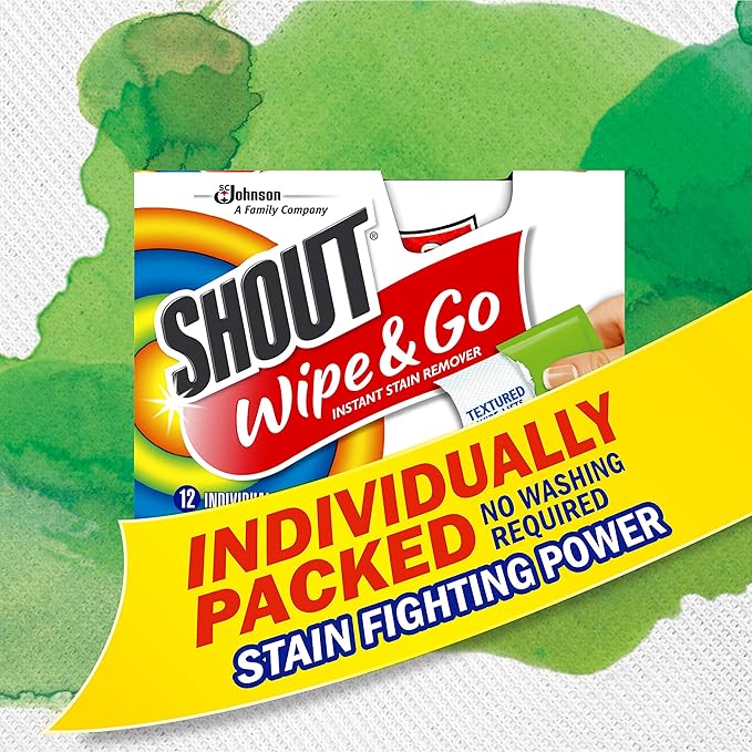 Shout Wipes Stain Remover for Clothes Laundry, Instant Stain Remover and Individually Wrapped, Travel Essentials, Works on Everyday Stains, 4 Wipes (Pack of 1)