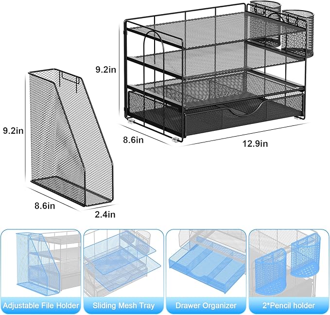 gianotter Desk Organizers and Accessories with File Holder, 4-Tier Desk Accessories & Workspace Organizers with Drawer and 2 Pen Holder, Paper Organizer for Office Supplies (Black)